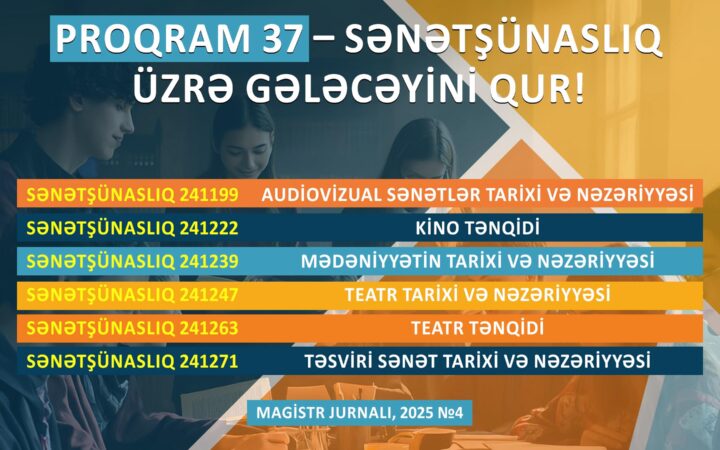 Azərbaycan Dövlət Mədəniyyət və İncəsənət Universitetinə magistratura səviyyəsinə Sənətşünaslıq ixtisası üzrə aşağıdakı ixtisaslaşmalara daxil olmaq istəyən hörmətli bakalavrlar!